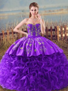  Purple Sleeveless Fabric With Rolling Flowers Brush Train Lace Up Sweet 16 Quinceanera Dress for Sweet 16 and Quinceanera