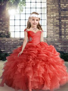  Coral Red Sleeveless Beading and Ruffles and Pick Ups Floor Length Little Girls Pageant Dress