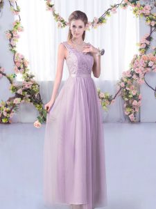  Lavender Side Zipper Vestidos de Damas Lace and Belt Sleeveless Floor Length