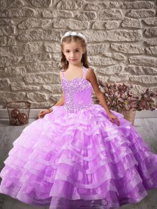 Amazing Lavender Straps Lace Up Beading and Ruffled Layers Child Pageant Dress Brush Train Sleeveless