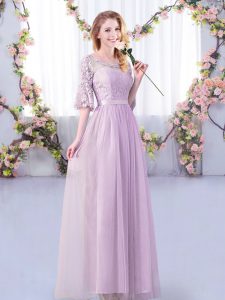 Best Lavender Scoop Neckline Lace and Belt Court Dresses for Sweet 16 Half Sleeves Side Zipper