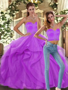 High Quality Lilac Ball Gowns Tulle Sweetheart Sleeveless Ruffles Floor Length Lace Up 15 Quinceanera Dress