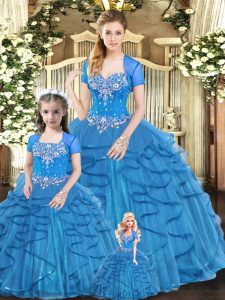  Blue Ball Gowns Sweetheart Sleeveless Tulle Floor Length Lace Up Beading and Ruffles Quinceanera Dresses