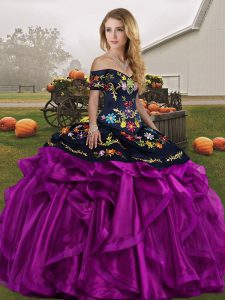 Customized Sleeveless Floor Length Embroidery and Ruffles Lace Up Quinceanera Gown with Black And Purple 