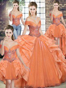 Customized Orange Sleeveless Floor Length Beading and Ruffles Lace Up 15 Quinceanera Dress