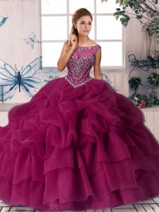 Eye-catching Fuchsia Sleeveless Organza Brush Train Zipper Quince Ball Gowns for Military Ball and Sweet 16 and Quinceanera