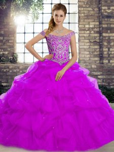 Pretty Sleeveless Beading and Pick Ups Lace Up Quinceanera Dress with Purple Brush Train