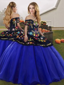 Hot Sale Royal Blue Off The Shoulder Neckline Embroidery Quinceanera Dress Sleeveless Lace Up