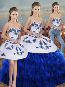 Beauteous Sleeveless Organza Floor Length Lace Up Quinceanera Dresses in Royal Blue with Embroidery and Ruffled Layers and Bowknot
