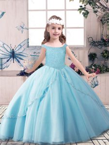 New Style Blue Lace Up Little Girls Pageant Dress Beading Sleeveless Floor Length
