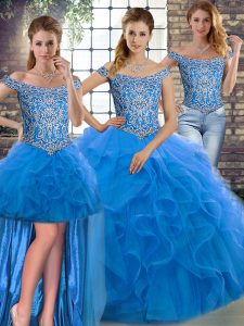 Glorious Blue Three Pieces Beading and Ruffles Quinceanera Gowns Lace Up Tulle Sleeveless