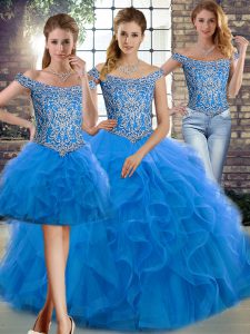  Blue Three Pieces Beading and Ruffles Quinceanera Dresses Lace Up Tulle Sleeveless