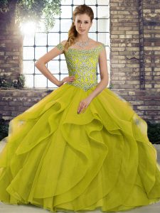 Inexpensive Olive Green Ball Gowns Off The Shoulder Sleeveless Tulle Brush Train Lace Up Beading and Ruffles Sweet 16 Dress