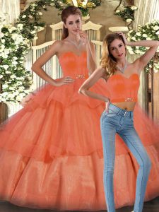 Fashionable Orange Sleeveless Floor Length Ruffled Layers Lace Up Quince Ball Gowns