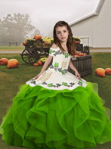 Fancy Embroidery and Ruffles Kids Pageant Dress Green Lace Up Sleeveless Floor Length