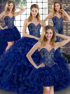 Suitable Royal Blue Organza Lace Up Sweetheart Sleeveless Floor Length 15 Quinceanera Dress Beading and Ruffles