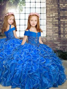 Attractive Floor Length Blue Child Pageant Dress Organza Sleeveless Beading and Ruffles