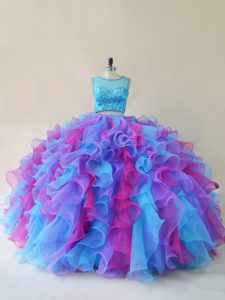 Sophisticated Sleeveless Organza Floor Length Lace Up 15th Birthday Dress in Multi-color with Beading and Ruffles