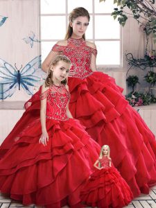 Fashion Organza High-neck Sleeveless Lace Up Beading and Ruffles Quinceanera Dresses in Red