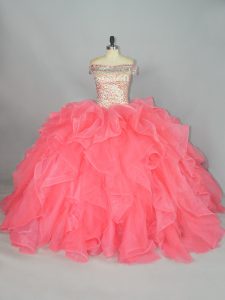  Watermelon Red Organza Lace Up Off The Shoulder Sleeveless Floor Length Quinceanera Gowns Beading and Ruffles