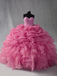 Super Sleeveless Organza Floor Length Lace Up Vestidos de Quinceanera in Rose Pink with Beading and Ruffles and Pick Ups