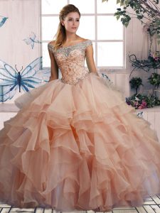 Superior Sleeveless Floor Length Beading and Ruffles Lace Up Sweet 16 Dress with Pink 