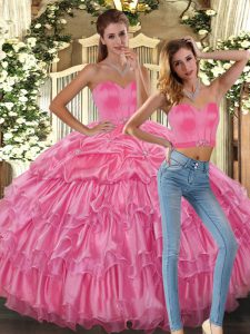  Asymmetrical Lace Up Quinceanera Gown Pink for Sweet 16 and Quinceanera with Beading and Ruffles and Pick Ups