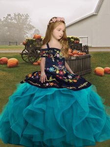 Fashion Teal Ball Gowns Tulle Straps Sleeveless Embroidery and Ruffles Floor Length Lace Up Pageant Gowns For Girls