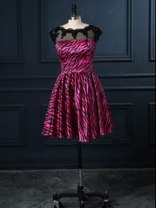 Delicate Hot Pink A-line Lace Prom Evening Gown Backless Printed Cap Sleeves Mini Length