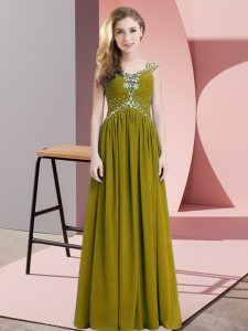  Empire Evening Dress Olive Green Straps Chiffon Cap Sleeves Floor Length Lace Up