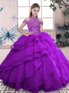 Lovely High-neck Sleeveless Vestidos de Quinceanera Floor Length Beading and Ruffles Purple Organza