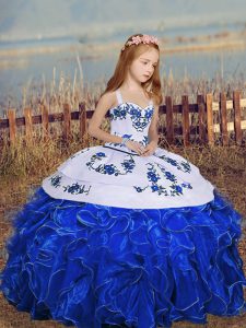  Royal Blue Straps Neckline Embroidery and Ruffles Little Girls Pageant Gowns Sleeveless Lace Up