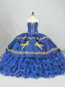  Blue Satin and Organza Lace Up Sweetheart Sleeveless 15th Birthday Dress Brush Train Embroidery and Ruffled Layers