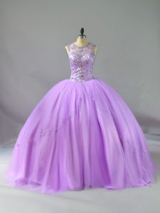 Hot Sale Tulle Scoop Sleeveless Lace Up Beading Quinceanera Gown in Lavender