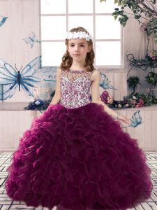 Sweet Scoop Sleeveless Kids Pageant Dress Floor Length Beading and Ruffles Dark Purple Organza