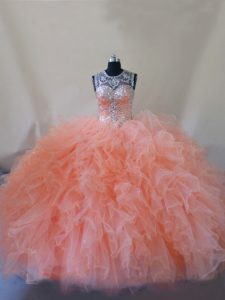  Scoop Sleeveless Court Train Lace Up Ball Gown Prom Dress Peach Tulle