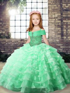  Apple Green Ball Gowns Straps Sleeveless Organza Floor Length Lace Up Beading and Ruffled Layers Kids Formal Wear