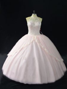 Hot Selling Pink Sleeveless Tulle Lace Up Quinceanera Gown for Sweet 16 and Quinceanera