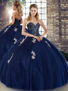 Custom Made Navy Blue Ball Gowns Tulle Sweetheart Sleeveless Beading and Appliques Floor Length Lace Up Sweet 16 Dress
