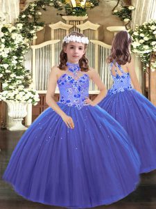  Blue Ball Gowns Tulle Halter Top Sleeveless Appliques Floor Length Lace Up Little Girls Pageant Dress