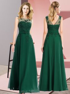 Super Dark Green Empire Chiffon Scoop Sleeveless Beading and Appliques Floor Length Zipper Court Dresses for Sweet 16