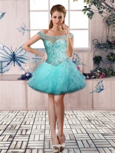 Customized Tulle Off The Shoulder Sleeveless Lace Up Beading and Ruffles Prom Evening Gown in Aqua Blue