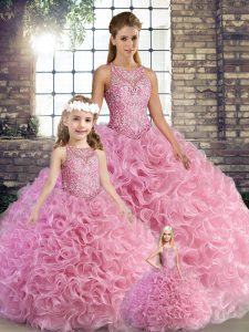 Trendy Floor Length Rose Pink Ball Gown Prom Dress Fabric With Rolling Flowers Sleeveless Beading