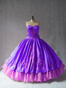  Purple Satin and Organza Lace Up Sweetheart Sleeveless Floor Length Vestidos de Quinceanera Embroidery