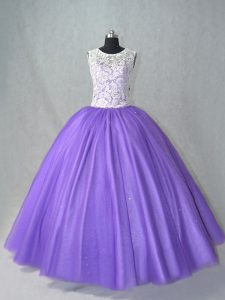 Custom Designed Lavender Ball Gowns Scoop Sleeveless Tulle Floor Length Lace Up Lace Sweet 16 Dress