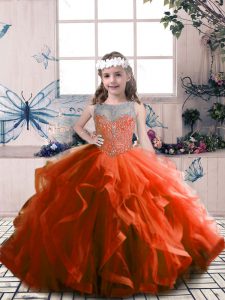 Best Rust Red Sleeveless Tulle Lace Up Little Girls Pageant Dress for Party and Sweet 16 and Wedding Party