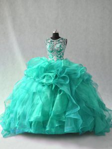  Turquoise Ball Gowns Beading and Ruffles Ball Gown Prom Dress Lace Up Organza Sleeveless Floor Length