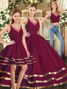 Fitting Ruffled Layers Sweet 16 Quinceanera Dress Burgundy Backless Sleeveless Floor Length