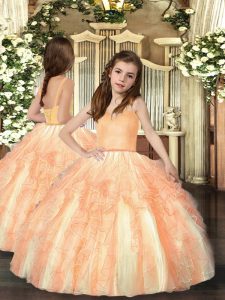 Custom Design Ball Gowns Kids Formal Wear Orange Straps Tulle Sleeveless Floor Length Lace Up
