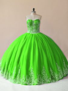 Chic Tulle Lace Up Sweetheart Sleeveless Floor Length Sweet 16 Dresses Embroidery